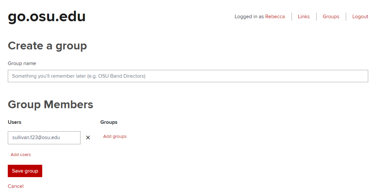 Screenshot of the create a group screen in the go.osu.edu application