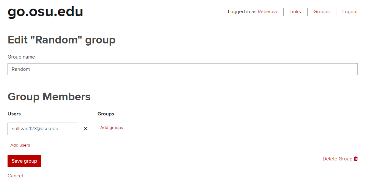 Screenshot of the group editing screen in the go.osu.edu application