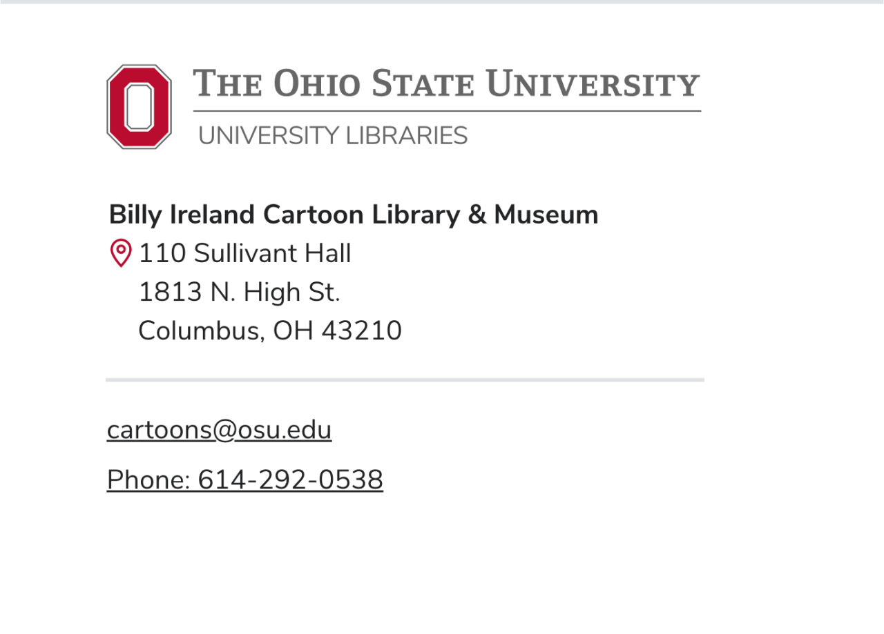Cartoon library footer with scarlet pindrop icon