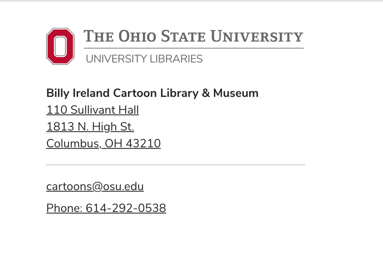 Cartoon website footer with address underlined