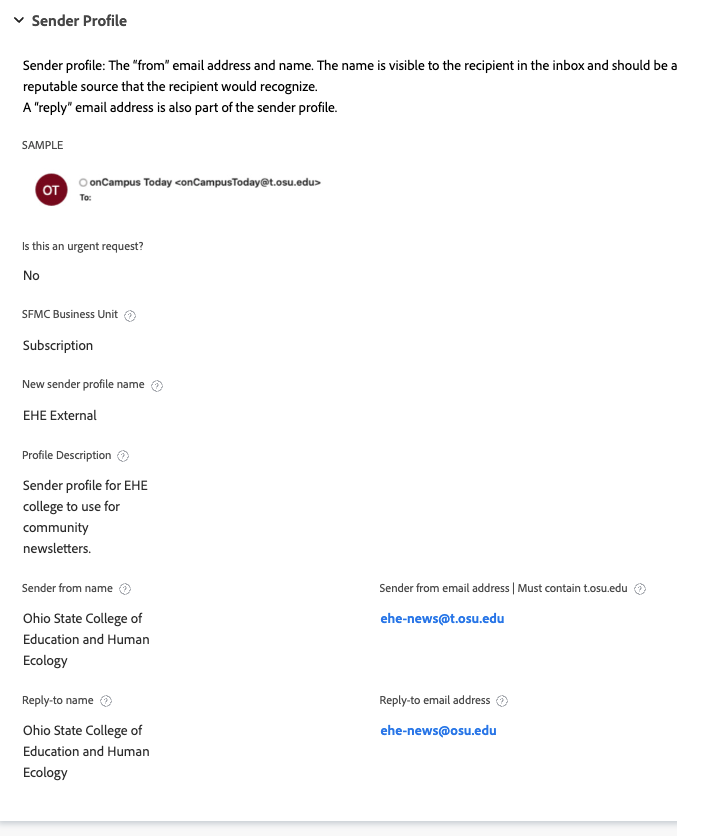 Example of what to enter into the sender profile request queue form