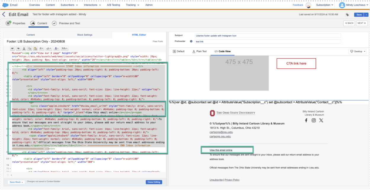 VAWP Code Selection: A highlighted teal box surrounds the HTML code responsible for the "View as Webpage" link. It uses the Salesforce personalization string